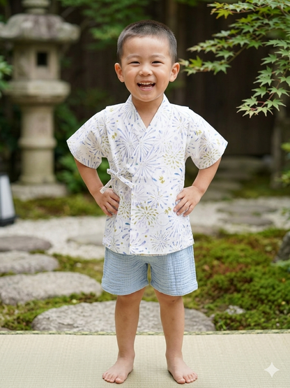 Crazy for Kids Japanese-Style Yukata for Kids (Blue Fireworks)