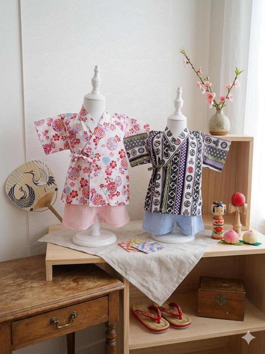 Crazy for Kids Japanese-Style Kids' Yukata (Pine Pattern - Green)